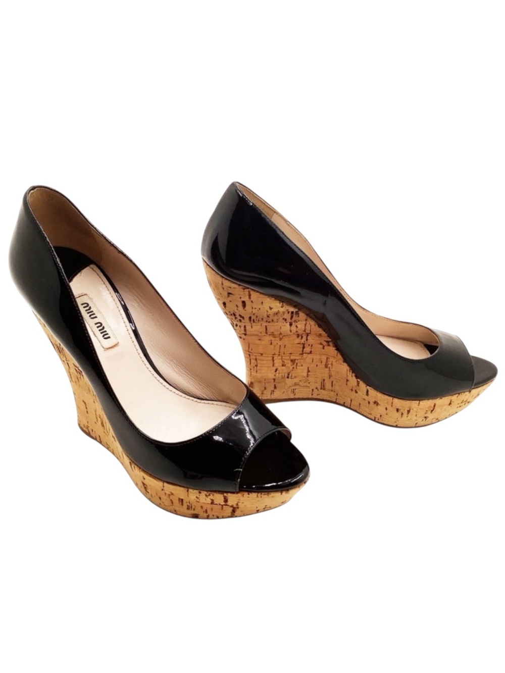 {Mui Mui-Prada}Patent Leather Peep Toe Cork Wedges
